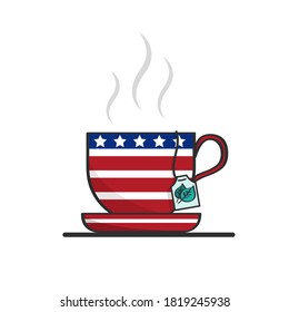 Einzeln Vektorbecher mit amerikanischem Fahnenprint. Blauer Schlaganfall mit Sternen und weißen und roten Linien. Cup mit heißem Getränk im Inneren und einem Teebeutel-Tag. Cartoon-Symbol, flache Illustration