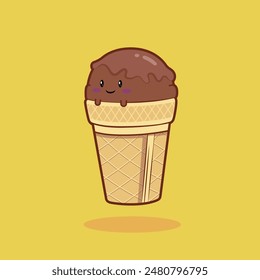Vector aislado lindo dibujo animado de la mascota del helado del cono del chocolate.
