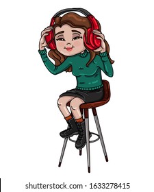 Isolated vector of a cute cartoon girl listening to music with red headphones.