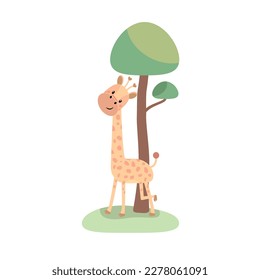 Isolated a vector cute cartoon of a young giraffe standing under a big tree on white background. Flat design and color.