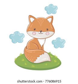 Isolated vector cute fox sitting on a grass under the blue clouds