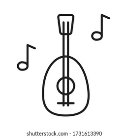 Isolated vector dark grey icon guitar with notes on the white background. Line art musical pictogram for game, design and illustrations.
