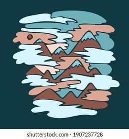 Isolación vectorial de ilustración decorativa del paisaje de montañas y cielo nublado en colores pastel sobre fondo oscuro. El diseño es perfecto para decoraciones, pegatinas, tarjetas, invitaciones