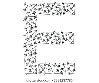 Isolated vector decorative letter E of the Latin alphabet. Botanical font, black sketch branches and leaves.