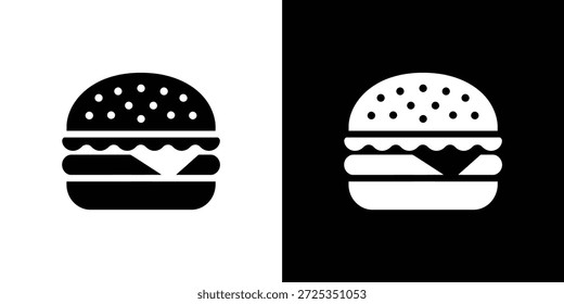 El Vector aislado representa un ícono de hamburguesa con pan de semillas de sésamo, queso y carne en un esquema de color blanco y negro. Simboliza la comida rápida y la cena.