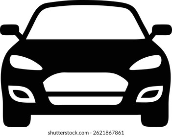 Vetor isolado representa a vista frontal de um carro preto, com faróis modernos e uma grade, com linhas em negrito criando um símbolo elegante, minimalista e atraente.