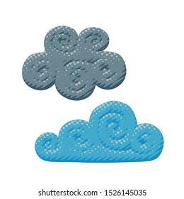 Isolated vector design of autumn cumulus clouds with bubble or balloon shape. Flat forecast pop art of blue and gray spring cloud icons with climate lines in season object or cutout for print art.