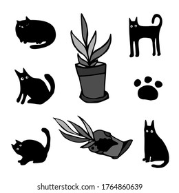 Isolated vector design of black silhouettes of cats and pots on white background. Black and white set of cats in different poses. The design is perfect for stickers, tattoos, textiles, logos, badges. 