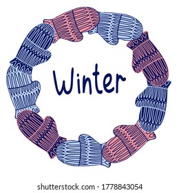 Isolated vector design of circle of knitted mittens in pastel cold tones on blue