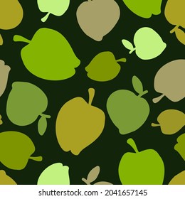 Isolated vector design colorful seamless pattern illustration of apples in green tones on black. Can be used for printing on paper, stickers, badges, bijouterie, cards, textiles. 