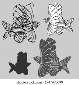  Einzeln Vektordesign dekorative achromatische Reihe von Fischen in Linien und Silhouetten auf grauem Hintergrund. Das Design ist perfekt geeignet für Kleidungsdesign, Kinderdekoration, Aufkleber, stationäre.