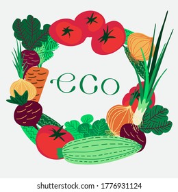 Isolated vector design of ecological tomatoes, cucumbers, salad and other vegetables. Healthy food and lifestyle design. The design is perfect for logos, badges, advertisements, stickers.