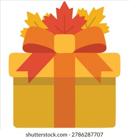 Isolated vector design of festive gift box with orange ribbon and colorful autumn leaves on white background