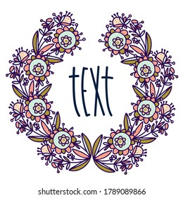 Isolated vector design frame garland of lined decorative abstract flowers on white background. The design is perfectly suitable for clothes design, children decoration, stickers, stationary, tattoos