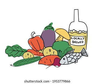 Isolated vector design of groceries in lined style, vegetables, mushrooms, fish, brewery. Healthy food and lifestyle design. The design is perfect for logos, badges, advertisements, stickers.