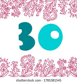 Tarjeta de diseño vectorial aislado número 30 con marco de ornamento floral en tonos azules sobre blanco. El diseño es perfecto para tarjetas, decoraciones, invitaciones, postales, pegatinas.