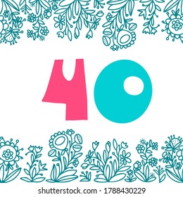 Isolated vector design number 40 card with floral ornament frame in blue tones on white. The design is perfect for cards, decorations, invitations, postcards, stickers.