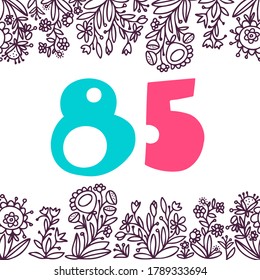 Isolated vector design number 85 card with floral ornament frame in blue tones on white. The design is perfect for cards, decorations, invitations, postcards, stickers.