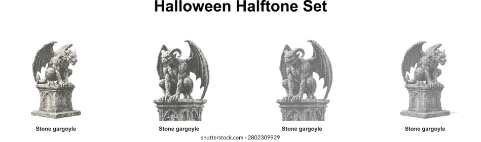 Isolated vector design of a scary winged gargoyle monster sculpture, featuring vintage halftone shadow patterns ideal for gothic architecture, dark fantasy, and creepy artworks.