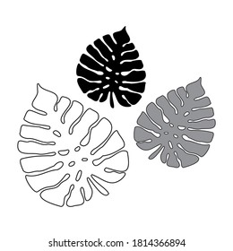 Isolated vector design set of black and white tropical leaves lined and silhouette. The design is perfectly suitable for clothes design, children decoration, stickers, stationary, tattoos.