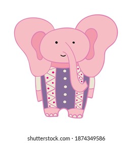  Isolated vector design set with graphic silhouette of cute pink elephant in ornamental costume. The design is perfect for textiles, children decoration, stickers, stationary