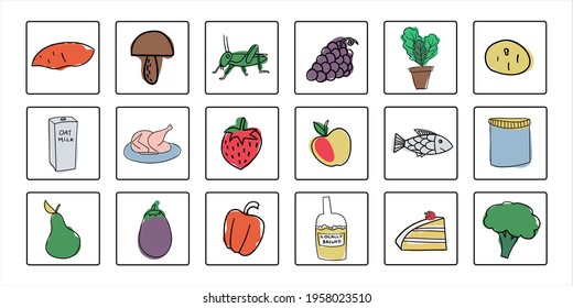 Isolated vector design set of icons of groceries in lined style, vegetables, mushrooms, fish, brewery. Healthy food and lifestyle design. The design is perfect for badges, advertisements, stickers.