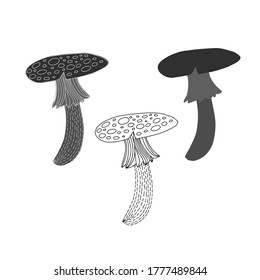 Isolated vector design set of lined mushrooms on white background. The design is perfectly suitable for clothes design, children decoration, stickers, stationary, tattoos. 
