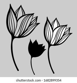 Isolated vector design set of silhouettes of decorative tulip flowers on grey background. The design is perfectly suitable for clothes design, children decoration, stickers, stationary, tattoos.