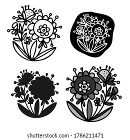 Isolated vector design set of silhouettes lined decorative abstract flowers on white background. The design is perfectly suitable for clothes design, children decoration, stickers, stationary, tattoos