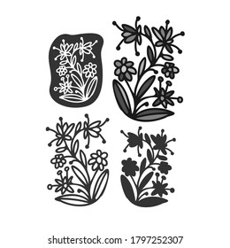 Isolated vector design set of silhouettes lined decorative abstract flowers on white background. The design is perfectly suitable for clothes design, children decoration, stickers, stationary, tattoos