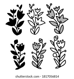 Isolated vector design set of silhouettes lined decorative abstract flowers on white background. The design is perfectly suitable for clothes design, children decoration, stickers, stationary, tattoos