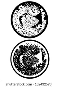Isolated vector design tattoo of Chinese dragon in round shape, graphic style art, flat black colour on white background.