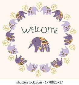  Isolated vector design welcome card with a violet elephant on yellow background. The design is perfectly suitable for clothes design, children decoration, stickers, stationary.