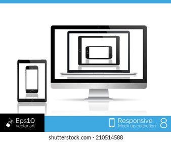 Isolated vector desktop computer with mouse mockup. Digital mockup set for responsive web design ad. Glossy laptop in desktop mockup. Modern tablet in laptop mockup. And smartphone in tablet frame.
