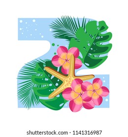 Isolated vector digits, exotic leaves, flowers and starfish on blue letter numeral