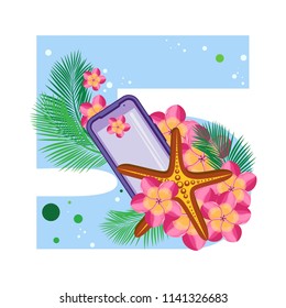 Isolated vector digits exotic leaves, flowers, starfish and  purple gadget on blue numeral