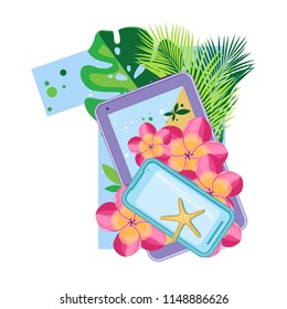 Isolated vector digits, exotic leaves, flowers, starfish  and gadget on blue letter numeral