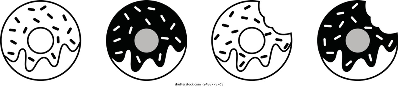 Icono de donas de Vector aisladas. Conjunto de iconos de donut para negocios. Iconos de donut en línea y estilo plano.  Ilustración vectorial. Donut mordido, panadería, postres, donut dulce con espolvorones, panadería signo y símbolo.