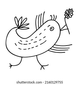 Isolated vector doodle bird with flower. Unproportional linear handdrawn bird, kid's simple style