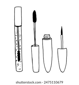 Isolated vector doodle illustration of eyelash care items. Mascara, brushes for coloring, care gel. Eyeliner for eyes in open tube.