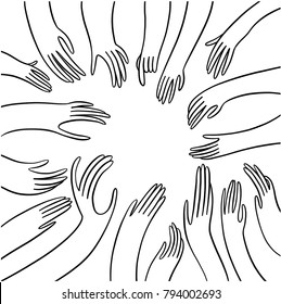 Isolated vector doodle illustration of hands in a circle reaching for something in the middle
