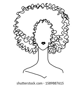 Isolated Vector Doodle Woman Face. Curly African Hair Girl. Feminism Concept Design. Woman With African Hair Style. Fashion Hairstyle. Girl Hair Style.