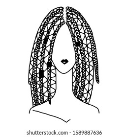 Isolated vector doodle woman face. Dreadlocks hair girl. Feminism concept design. Woman with dreadlocks hair style. Fashion hairstyle. Girl hair style.