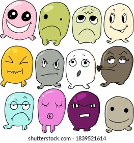 isolated vector doodles with a black line on a white background. emotions. sleeping, angry, smiling, strict, dissatisfied, cunning, freak, scared, sad, excited, calm. different color. pink.