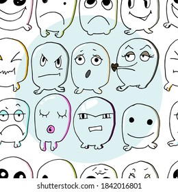 isolated vector doodles with a black line on a white background. kiss.emotions. sleeping, angry, smiling, strict, dissatisfied, cunning, freak, scared, sad, excited, calm. different color. 