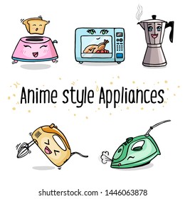 Isolated vector drawing appliance kawaii style. Cute anime cartoon toaster, microwave, coffee maker, mixer, iron.