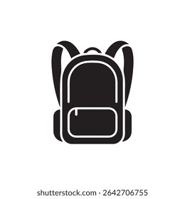 Isolated vector drawing displays a solid black backpack with distinct shoulder straps and a front pocket, set against a stark white backdrop for clear visibility, minimalism and style.