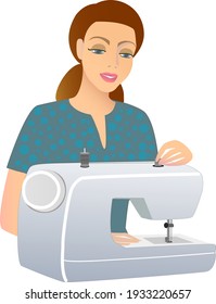 Isolated vector drawing girl and sewing machine