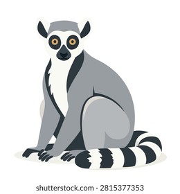 An isolated vector drawing of a grey ring-tailed lemur with a striped tail looking forward in a simple flat style