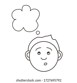 Isolated vector drawing of a human head; a thinking guy with a little thought; linear image of a man with his dreams; blank for design, icons.